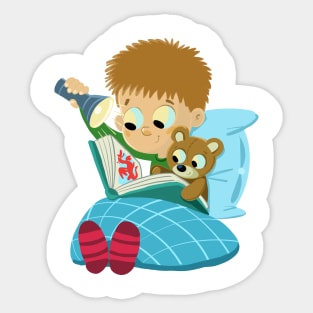 bedtime boy is reading a book with a teddy bear Sticker